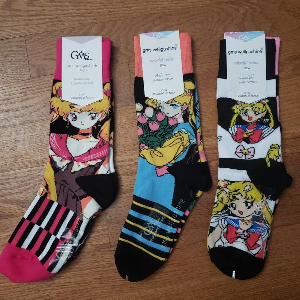 3 pairs of sailor moon socks illustration socks gift socks - Picture 1 of 1